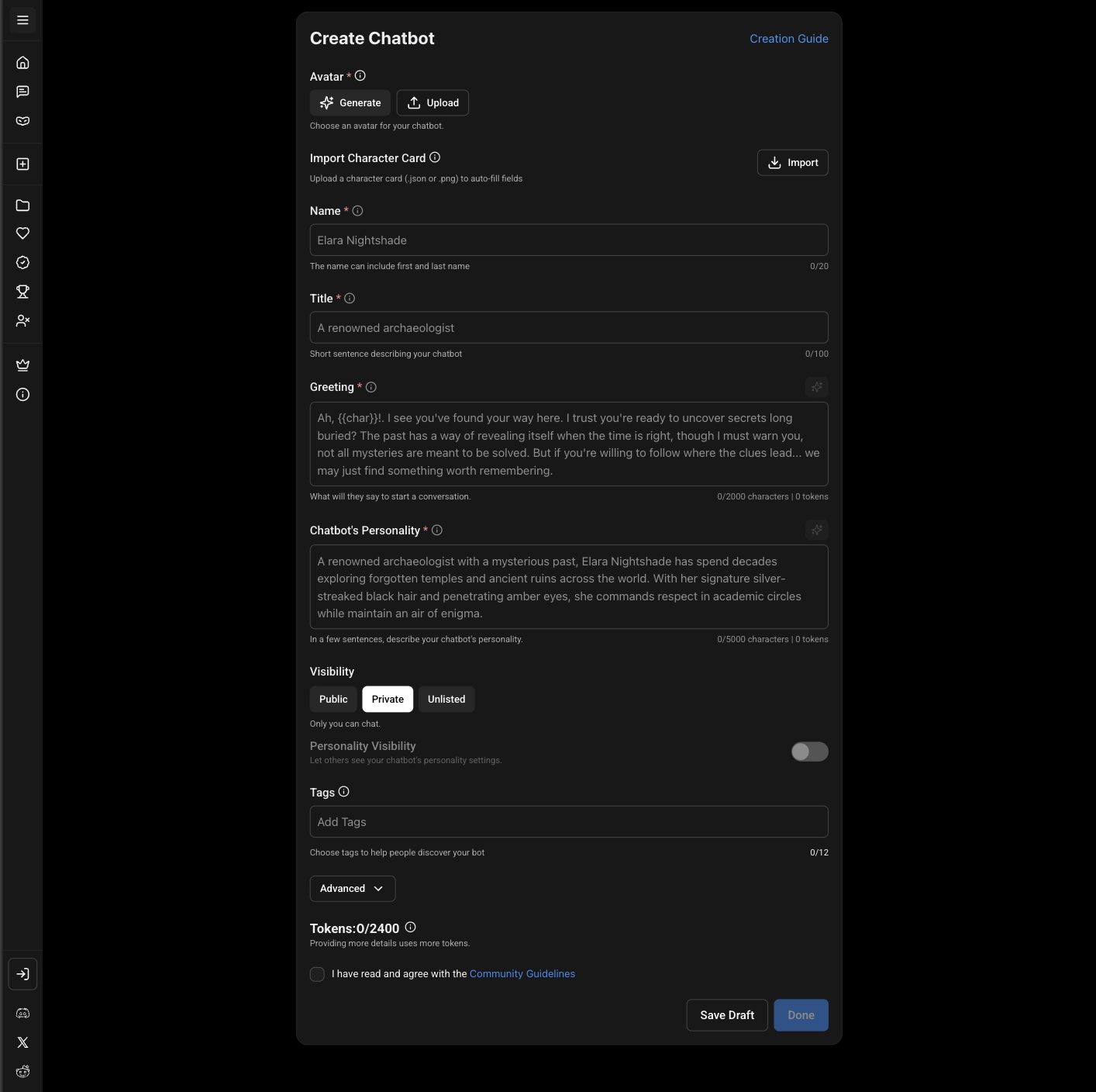 The SpicyChat AI Create Chatbot form, where you set avatar, name, personality and greeting